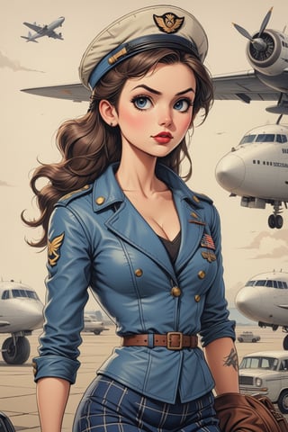 vintage comic book illustration of a commercial aviation captain woman at the airport, only one woman, airport background, dark brown ponytail hairstyle, wearing blue leather jacket, plaid miniskirt, blue aviation captain cap, wearing white blouse, showing small breast under the bloue, great cleavage, long cleavage, sexy body, black lips, tattooed body, detailed gorgeous face, exquisite detail, ((full body)), 30-megapixel, 4k, Flat vector art, Vector illustration, Illustration, ,,rubber_hose_character,,vintagepaper,,,,<lora:659095807385103906:1.0>