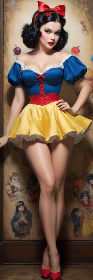 Detailed and lifelike depictions of sexy topless Snow White, radiating a distinct nude pin-up style. Dressed in miniskirts, stockings, and heels, their attire reflects the iconic colors of their traditional outfits, ensuring they're instantly recognizable as their respective characters. While classic features are present, the pin-up flair is undeniable. Artful tattoos add a contemporary touch. Their postures and expressions, combined with their pin-up attire, create a fusion of classic Disney and vintage allure. ,blacklight makeup