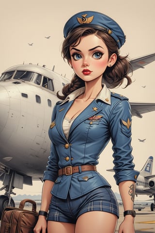 vintage comic book illustration of a commercial aviation captain woman at the airport, only one woman, airport background, dark brown ponytail hairstyle, wearing blue leather jacket, plaid miniskirt, blue aviation captain cap, wearing white blouse, showing small breast under the bloue, great cleavage, long cleavage, sexy body, black lips, tattooed body, detailed gorgeous face, exquisite detail, ((full body)), 30-megapixel, 4k, Flat vector art, Vector illustration, Illustration, ,,rubber_hose_character,,vintagepaper,,,,<lora:659095807385103906:1.0>