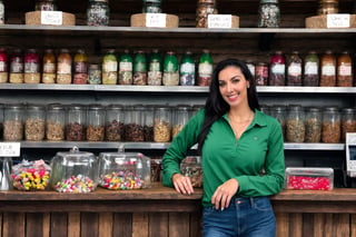  fairytale, 29 year old, straight long black hair, huge tits, extremely cute Mexican woman, (((behind the counter of a little town rustic store))), background of shelves full of food cans,( (two glass shelves one on each side of her,  on top of the counter filled with candies)), she wears a long sleeve green Abercrombie shirt and jeans, she leans towards the counter letting the observer see her nice tits, low intensity lights on the store