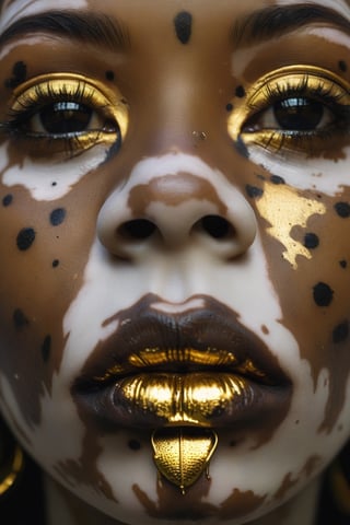 (Rorschach:0.5) Editorial Photography, Extreme Close Up Female Face, Black Skinned Goddess, Neo Tribal Art, Bokeh, (Golden Lips:1.2),Vitiligo