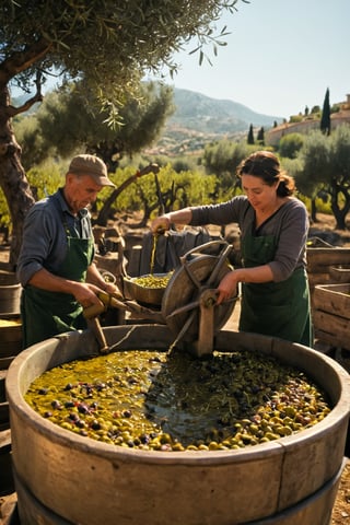 Certainly! Here’s a detailed prompt for creating an image that illustrates the traditional process of making olive oil:

---

"Create a detailed and picturesque illustration that captures the traditional process of making olive oil. The scene should progress from left to right, set against the backdrop of a sun-drenched Mediterranean landscape with olive groves and a rustic olive mill:

1. **Harvesting:** Begin with a serene scene in a lush olive grove. Show workers hand-picking ripe olives from ancient, gnarled olive trees. Some workers are using small ladders or hand-held rakes, while others are collecting olives that have fallen onto large nets spread beneath the trees. The background should feature rolling hills and perhaps a glimpse of the sea.

2. **Transporting and Cleaning:** Illustrate the olives being transported in baskets or wooden crates to a nearby olive mill. Show a worker pouring olives into a cleaning machine where they are washed and sorted to remove leaves, stems, and debris. Capture the fresh, green appearance of the clean olives.

3. **Crushing:** Depict the olives being crushed in a traditional stone mill. Show large, circular millstones rotating to crush the olives into a paste. Highlight the texture of the crushed olives and the rich, deep green color of the emerging paste.

4. **Pressing:** Visualize the olive paste being spread onto mats or pressing discs, stacked, and then pressed to extract the liquid. Show an old-fashioned hydraulic or wooden press applying pressure to squeeze out the olive oil and water mixture. The liquid should flow into a container, with the golden oil beginning to separate from the water.

5. **Separating:** Illustrate the separation process, where the mixture is allowed to settle, or it is centrifuged to separate the oil from the water. Show a clear container where the pure olive oil rises to the top, leaving the water and sediment below.

6. **Filtering and Bottling:** Transition to a scene where the freshly extracted olive oil is being filtered to remove any remaining impurities. Portray the oil being poured into glass bottles, ready for storage. Include workers carefully labeling and sealing the bottles, emphasizing the clarity and golden hue of the oil.

7. **Tasting and Enjoying:** Conclude with a vibrant Mediterranean table setting where the final product is being tasted and enjoyed. Show small bowls of olive oil for tasting, surrounded by fresh bread, herbs, and ripe tomatoes. Capture the warmth of the sun and the inviting ambiance of a traditional olive farm.

Use warm, golden lighting to evoke the Mediterranean sun and detailed textures to highlight the olives, the stone mill, and the clarity of the oil. Each stage should be clearly labeled to guide the viewer through the artisanal process of olive oil production."

---

This prompt should vividly portray the traditional and artisanal process of making olive oil, capturing the essence and beauty of the Mediterranean landscape and culture.