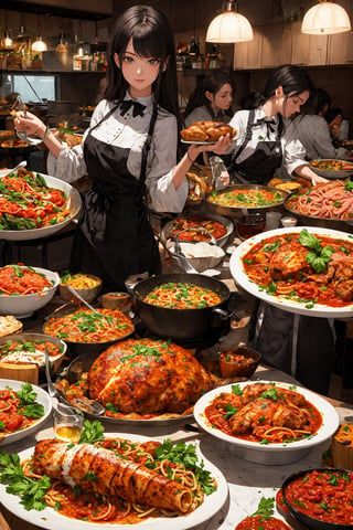 absurdres, highres, ultra detailed, (1girl:1.3), BREAK ,(Lots of italian dishes:1.3) ,(Large_meals:1.4),(Surrounded by a lot of italian food),(Surrounded by a lot of italian food),(Surrounded by a lot of italian food),(Surrounded by a lot of italian food),(Surrounded by a lot of italian food) 