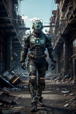 Creating a Fallout 5 armored suit with chameleon-like camouflage using nano LED technology to blend into the wasteland environment:

The armored suit would be designed to seamlessly blend into the rugged and desolate landscapes of the post-apocalyptic wasteland, utilizing nano LED technology to mimic the colors and textures of the surroundings.

Key features tailored for wasteland camouflage:

1. **Wasteland Color Palette:** The nano LED panels would be programmed to replicate the earthy tones, rusty hues, and muted colors commonly found in the wasteland environment. This includes shades of brown, gray, and green, as well as weathered textures to match the terrain.

2. **Adaptive Terrain Analysis:** The suit's environmental sensors would analyze the specific characteristics of the wasteland, such as rocky outcrops, barren plains, or urban ruins. Based on this analysis, the nano LED panels would adjust their camouflage patterns to mimic the surrounding features and blend in seamlessly.

3. **Dynamic Camouflage Patterns:** The camouflage patterns generated by the nano LED panels would be highly dynamic, allowing the suit to adapt to changes in terrain, lighting conditions, and environmental elements. This ensures that the wearer remains concealed whether traversing rocky canyons, navigating through rubble-strewn streets, or hiding amidst overgrown vegetation.

4. **Wasteland Debris Simulation:** To further enhance camouflage effectiveness, the suit could incorporate features to simulate wasteland debris, such as dust, dirt, and grime. This would help the wearer blend in with their surroundings by obscuring the suit's silhouette and minimizing reflective surfaces.

5. **Scavenging Integration:** In addition to camouflage capabilities, the suit could integrate scavenging tools and storage compartments for collecting resources found in the wasteland. This would allow the wearer to gather supplies while remaining concealed, maximizing survival opportunities in hostile environments.

6. **Stealth Enhancements:** Beyond visual camouflage, the suit could incorporate stealth enhancements like sound-dampening materials and thermal insulation to further conceal the wearer's presence from enemies and hostile creatures lurking in the wasteland.

7. **Tactical Advantage:** By blending seamlessly into the wasteland environment, the armored suit provides the wearer with a significant tactical advantage, allowing for covert reconnaissance, stealthy infiltration, and surprise attacks on unsuspecting foes.

With its advanced nano LED camouflage technology tailored specifically for the harsh and unforgiving wasteland, the Fallout 5 armored suit ensures the wearer's survival and success in the post-apocalyptic world.