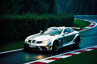 Photo r3al, photo-realistic, masterpiece, hyper-detailed photography, Mercedes McLaren SLR  driven by Juan Manuel Fangio in Nürburgring, isometric view, Fuji-film XT3s cameras, Use soft lighting and an 8k UHD resolution shot with a DSLR, frank grillo, Movie Still