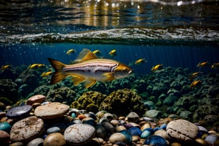 POV, 40% of the view under water and the other 60% on the top looking the sierra scenery, see trough diving experience, wide angle, I am swimming on a crystalline river looking down the water to see how the big colorful and radiant brown Trouts are swimming against the current to approach me, The river has round stones of different colors, the scenery happens in the Sierras of Cordoba, Argentina, Autumn season, Perfect Trouts, hyper-realistic, rays of light trough the water, fish skin and scales of hyper realistic quality, fish almost touching the viewer, 8k UHD, DSLR, soft lighting, high quality, film grain, Fuji-film XT3s,