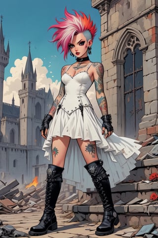 vintage comic book illustration of a portrait of a Punk Bride woman at a dystopian castle, wearing a white medieval bride dress, wearing black boots, with a ring in the nose, only one woman, pierced body, with crest of many colors punk style hair, tattooed  body, church in background, sexy body, detailed gorgeous face, Showing small breast under the suit, Full body, apocalyptic environment,  exquisite detail,  30-megapixel, 4k, Flat vector art, Vector illustration, Illustration, ,,,<lora:659095807385103906:1.0>,<lora:659095807385103906:1.0>