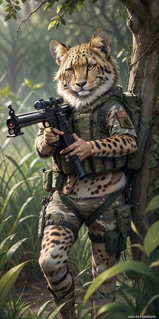 An animal military sniper team with a cheetah as the shooter and a Lion as the spooter, hunting in the african sabana, blending camouflage with the surroundings, comic style, funny, cartoonish,Animal,up body