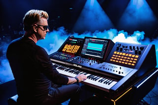 Andy Fletcher playing a photo-realistic, masterpiece, hyper-detailed photography of a 88 keys Roland 2023 concept synthesizer, monitor screens to display the plugins and visualize the music, Boeing 787 cockpit style screens distribution and controllers, ultra-realistic piano keyboard, recording studio atmosphere, best quality, 8k UHD, 8k, ultra quality, ultra detailed, LED lights, spectrum analyzers and sequencers, photo r3al, drone view, background of a Depeche Mode concert in Paris crowd, laser rays on the scenario as part of the show,steampunk style