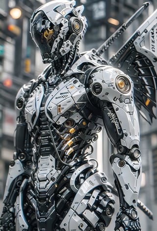 Create an ultra-realistic image of a mecha robot, armed with a sword, standing alone against a grey backdrop. The robot has mechanical wings and holds a glowing energy sword, possibly dual-wielding or equipped with a beam saber. It features a V-fin design, capturing a science fiction aesthetic. The image should utilize advanced techniques such as reflection mapping, realistic figure rendering, and hyper-detailed textures. Employ cinematic lighting with HDR, ray tracing, and Nvidia RTX for exceptional visual fidelity. Use Unreal Engine 5 for subsurface scattering, PBR texturing, and detailed post-processing. Include anisotropic filtering, a well-defined depth of field, and ensure maximum clarity and sharpness for a hyper-realistic finish. Adjust aspect ratio to 51:64 and apply the raw style of Niji 6. Use Argentina flag colors