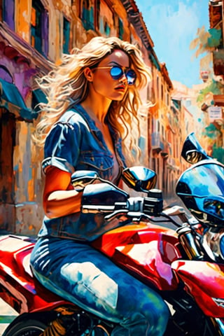 Painting in the style of prismatic portraits, beautiful landscapes, hyperrealistic precision, digital art techniques, impressionist: dappled light, bold, colorful portraits, wide angle. A young Hollywood star sitting on a Ducati motorcycle next to the wall. High nose bridge, doe eyes, sharp jawline, plump lips, and an hourglass figure. Soft lighting wraps around her face, accentuating every curve and crease. Cluttered maximalism. Womancore. Mote Kei. Extremely high-resolution details.