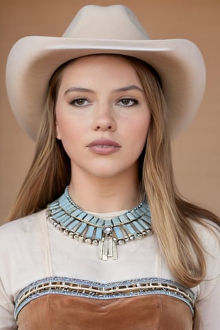 Detailed portrait of Beautiful Argentina traditional gaucho girl shot, intricately detailed silver alpaca accesories, brown hat, full body, long brown hair, on Hasselblad 501c three point lighting Sci-Fi atmosphere, MadeClinev001, scarlett johansson, OHWX