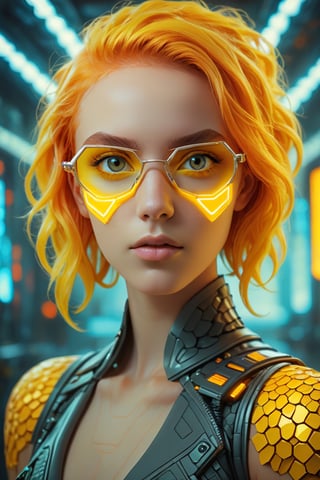 Best quality, Raw photo, face portrait, a young cyborg woman with fiery yellow hair. Her face fills the frame, bathed in neon hues, exuding determination and mystery amidst a futuristic backdrop,Hexagonal Squama, nerd glasses, dumb smile