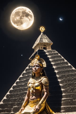 Gorgeous Aztec woman on top of a pyramid during a Solar eclipse, she is dresses with gold and her dark skin reflects the moon light,(PnMakeEnh),photo r3al