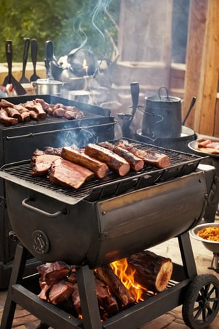 Create a richly detailed and atmospheric illustration that captures the essence of a Southern BBQ smoker in action. The scene should highlight the traditional smoker setup, the process of preparing and smoking meats, and the smoky, savory ambiance of Southern BBQ. Set the scene in a rustic outdoor setting, such as a backyard or a classic BBQ pit area, surrounded by elements that evoke the heart of Southern BBQ culture:

1. **Setting Up the Smoker:** Begin with a scene of the BBQ smoker setup. Show a large, traditional smoker or BBQ pit made from steel or brick, with a firebox on the side. The smoker should be well-seasoned, with a patina that reflects years of use. Include stacks of split wood logs, such as hickory, oak, or mesquite, ready to be used for smoking. The background should feature a rustic outdoor area, possibly with a wooden fence, a few trees, and a shed or barn nearby.

2. **Igniting the Fire:** Illustrate the process of starting the fire in the smoker’s firebox. Show a cook or pitmaster lighting the wood or charcoal, with flames beginning to catch and smoke starting to rise. Capture the glow of the fire, the initial bursts of smoke, and the tools used to manage the fire, like a poker or tongs.

3. **Preparing the Meats:** Depict a table next to the smoker where various cuts of meat are being prepared for smoking. Show a selection of meats typical of Southern BBQ, such as brisket, pork shoulders, ribs, and sausages. Highlight the process of seasoning the meats with dry rubs or marinades, emphasizing the rich, textured surface of the spice blends being applied. Include bowls of spices, jars of rubs, and brushes for basting.

4. **Loading the Smoker:** Visualize the cook placing the seasoned meats into the smoker. Show the smoker's lid or doors open, revealing the grill racks or hooks inside where the meats are being arranged. Capture the process of carefully positioning the meats for even smoking, with a focus on the brisket or ribs. Include the gentle smoke wafting out as the lid is opened and closed.

5. **Smoking and Tending the Fire:** Illustrate the smoker in action, with thick, aromatic smoke billowing out from the vents or chimney. Show the cook monitoring the temperature using a gauge on the smoker or an external thermometer. Highlight the tools used to manage the fire and smoke flow, such as dampers and vents. Include a close-up of the firebox, with logs burning steadily and embers glowing.

6. **Basting and Turning:** Depict the process of basting and turning the meats during smoking. Show the cook opening the smoker to apply a mop sauce or glaze, using a brush or mop to coat the meats, creating a glossy, caramelized surface. Emphasize the rich, golden-brown crust forming on the meats and the aroma of the basting sauce mixing with the smoke.

7. **Resting and Carving:** Transition to a scene of the cooked meats being removed from the smoker and allowed to rest. Show the meats resting on a wooden board, juices settling, and the crust developed to perfection. Next, illustrate the cook slicing into the brisket or pulling apart the pork shoulder, revealing the tender, juicy interior and the distinctive smoke ring.

8. **Atmosphere and Surroundings:** Conclude with a backdrop that reflects the Southern BBQ atmosphere. Include details like wooden picnic tables set up nearby, guests enjoying the smoky aroma, and rustic decorations like string lights or metal signs. Capture the warm, inviting feel of the scene, with the sun setting or a cool breeze blowing, enhancing the communal and festive spirit of the BBQ.

Use warm, earthy tones and detailed textures to bring each stage to life, from the flickering fire and smoky meats to the rustic charm of the setting. Each stage should be clearly labeled to guide the viewer through the traditional process of using a Southern BBQ smoker.
This prompt should vividly capture the detailed, smoky, and atmospheric experience of preparing meats in a Southern BBQ smoker, highlighting the meticulous steps and the rich cultural context.