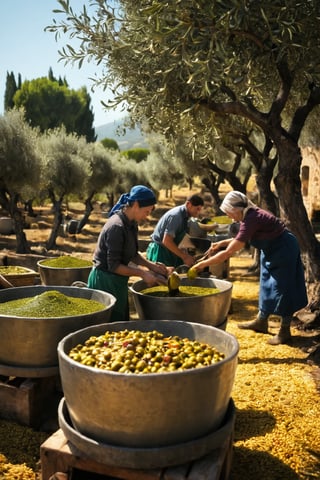 Certainly! Here’s a detailed prompt for creating an image that illustrates the traditional process of making olive oil:

---

"Create a detailed and picturesque illustration that captures the traditional process of making olive oil. The scene should progress from left to right, set against the backdrop of a sun-drenched Mediterranean landscape with olive groves and a rustic olive mill:

1. **Harvesting:** Begin with a serene scene in a lush olive grove. Show workers hand-picking ripe olives from ancient, gnarled olive trees. Some workers are using small ladders or hand-held rakes, while others are collecting olives that have fallen onto large nets spread beneath the trees. The background should feature rolling hills and perhaps a glimpse of the sea.

2. **Transporting and Cleaning:** Illustrate the olives being transported in baskets or wooden crates to a nearby olive mill. Show a worker pouring olives into a cleaning machine where they are washed and sorted to remove leaves, stems, and debris. Capture the fresh, green appearance of the clean olives.

3. **Crushing:** Depict the olives being crushed in a traditional stone mill. Show large, circular millstones rotating to crush the olives into a paste. Highlight the texture of the crushed olives and the rich, deep green color of the emerging paste.

4. **Pressing:** Visualize the olive paste being spread onto mats or pressing discs, stacked, and then pressed to extract the liquid. Show an old-fashioned hydraulic or wooden press applying pressure to squeeze out the olive oil and water mixture. The liquid should flow into a container, with the golden oil beginning to separate from the water.

5. **Separating:** Illustrate the separation process, where the mixture is allowed to settle, or it is centrifuged to separate the oil from the water. Show a clear container where the pure olive oil rises to the top, leaving the water and sediment below.

6. **Filtering and Bottling:** Transition to a scene where the freshly extracted olive oil is being filtered to remove any remaining impurities. Portray the oil being poured into glass bottles, ready for storage. Include workers carefully labeling and sealing the bottles, emphasizing the clarity and golden hue of the oil.

7. **Tasting and Enjoying:** Conclude with a vibrant Mediterranean table setting where the final product is being tasted and enjoyed. Show small bowls of olive oil for tasting, surrounded by fresh bread, herbs, and ripe tomatoes. Capture the warmth of the sun and the inviting ambiance of a traditional olive farm.

Use warm, golden lighting to evoke the Mediterranean sun and detailed textures to highlight the olives, the stone mill, and the clarity of the oil. Each stage should be clearly labeled to guide the viewer through the artisanal process of olive oil production."

---

This prompt should vividly portray the traditional and artisanal process of making olive oil, capturing the essence and beauty of the Mediterranean landscape and culture.