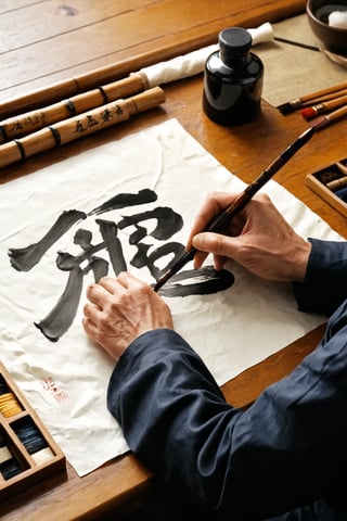 Create a richly detailed and elegant illustration capturing the traditional process of Chinese calligraphy. The scene should progress from left to right, set in a serene, culturally rich environment, such as a scholar’s study or a quiet garden pavilion. Each stage should highlight the artistry, tools, and cultural depth of Chinese calligraphy:

1. **Preparing the Workspace:** Begin with a tranquil scene in a well-lit, serene study room or an outdoor pavilion surrounded by nature. Show a beautifully arranged calligraphy workspace with a smooth, clean surface. Include traditional elements like a low wooden desk, a silk scroll laid out, and a porcelain brush holder. The background should feature details like bamboo plants, ink paintings, or traditional Chinese decor.

2. **Selecting the Tools:** Illustrate the artist carefully selecting their calligraphy tools. Show a variety of high-quality brushes with different sizes and bristle types, ink sticks, and an ornate inkstone. Capture the texture and detail of the brushes’ handles, often made of bamboo or carved wood, and the fine craftsmanship of the inkstone.

3. **Grinding the Ink:** Visualize the process of preparing the ink. Show the artist grinding an ink stick against the smooth surface of the inkstone, with water added to create a rich, black ink. Highlight the rhythmic motion of grinding and the deep, glossy ink gradually pooling in the inkstone’s reservoir.

4. **Preparing the Paper:** Depict the artist carefully unrolling or unfolding the paper, smoothing it out on the desk. The paper, often delicate rice paper or silk, should be shown in a variety of forms, such as long scrolls or smaller sheets. Include details like paperweights or stones used to keep the paper in place.

5. **Brush Techniques and Practice:** Illustrate the artist practicing brush strokes on a practice sheet. Show the various techniques and strokes, from thin, delicate lines to bold, sweeping curves. Highlight the control and precision required to create each stroke, with the artist holding the brush vertically and moving it gracefully across the paper.

6. **Creating the Calligraphy:** Transition to the main scene where the artist is creating a piece of calligraphy. Show the brush moving fluidly, creating elegant Chinese characters or expressive brushwork. Capture the flow and rhythm of the brush, the varying pressure applied to create different line weights, and the ink absorbing into the paper. Include a close-up view of the brush tip and the texture of the strokes.

7. **Finalizing and Displaying:** Conclude with a scene of the finished calligraphy piece being admired or displayed. Show the completed scroll or artwork hung on a wall or being presented in a traditional frame. Include elements like a seal stamp being applied for the artist’s signature and red ink used for the stamp. Surround the scene with other artistic or scholarly objects, such as scrolls, books, or a peaceful garden view.

Use serene, natural tones and detailed textures to bring each stage to life, from the rich, black ink and delicate paper to the graceful brush strokes and the tranquil setting. Each stage should be clearly labeled to guide the viewer through the traditional process and artistic expression of Chinese calligraphy.
This prompt should vividly capture the meticulous and artistic process of Chinese calligraphy, highlighting the cultural depth and serene beauty of this traditional art form.