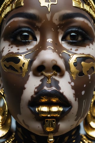 (Rorschach:0.5) Editorial Photography, Extreme Close Up Female Face, Black Skinned Goddess, Neo Tribal Art, Bokeh, fuul body, (Golden Lips:1.2),Vitiligo