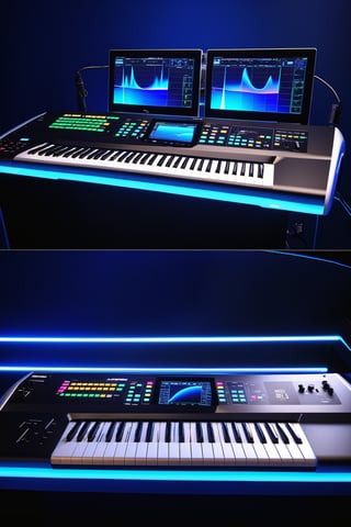 photo r3al, photorealistic, masterpiece, hyper-detailed photography of a 88 keys E-MU EMAX 2023 concept synthesizer, monitor screens to display the plugins and visualize the music, Boeing 787 cockpit style screens distribution and controllers, ultra-realistic piano keyboard, recording studio atmosphere, best quality, 8k UHD, 8k, ultra quality, ultra detailed, LED lights, spectrum analyzers, photo r3al