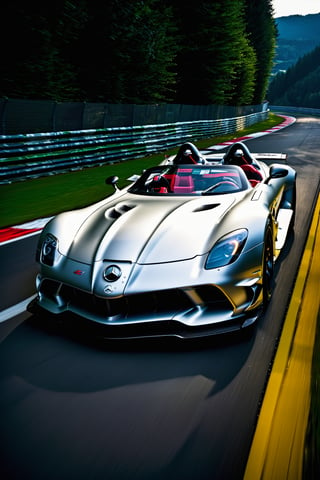 Photo r3al, photo-realistic, masterpiece, hyper-detailed photography, Mercedes McLaren SLR Stirling Moss, driven by Schumacher in Nürburgring, Fuji-film XT3s cameras, Use soft lighting and an 8k UHD resolution shot with a DSLR, frank grillo, Movie Still