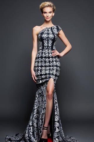 Create a full-body image of a 7 ft tall, 20-year-old (((skinny)))  German woman wearing a uniquely designed dress that follows the shape of her body without being revealing. The dress should be elegant and stylish, with intricate patterns and a sophisticated design. The fabric should drape smoothly over her figure, accentuating her curves while maintaining a tasteful and classy appearance. The setting should be chic and fashionable, such as a red carpet event or a high-end fashion show. She should be standing confidently, with her hair styled beautifully and a poised expression on her face