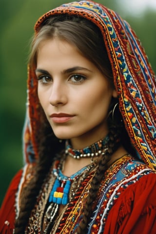 Detailed portrait of Beautiful Romanian girl on traditional gipsy outfit shot, on Hasselblad 501c three point lighting Sci-Fi atmosphere,