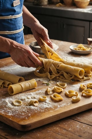 Create a vibrant and detailed illustration showcasing a variety of traditional pasta types. The scene should be set in a cozy Italian kitchen or a rustic pasta workshop, filled with the rich cultural ambiance of Italy. Highlight each type of pasta with clear visual representation, from the preparation of the dough to the final shapes. Include both common and unique pasta varieties, showcasing their distinct characteristics and origins:

1. **Pasta Dough Preparation:** Begin with a scene of a cook preparing the pasta dough. Show a wooden workbench dusted with flour, where ingredients like eggs, flour, and water are being mixed and kneaded into a smooth, elastic dough. Capture the hands-on process of kneading the dough, the rich, golden color of the mixture, and the tools used, such as a rolling pin and a pasta cutter.

2. **Sheet Pasta (Fettuccine and Lasagna):** Illustrate the process of rolling out the dough into thin sheets. Show the dough being fed through a pasta machine or rolled out by hand into long, even sheets. Highlight the process of cutting these sheets into fettuccine ribbons and wide lasagna strips. Display the fettuccine arranged in neat nests and lasagna sheets laid flat, ready for cooking or drying.

3. **Ribbon Pasta (Tagliatelle and Pappardelle):** Visualize the rolling and cutting of pasta into wider ribbons. Show tagliatelle, slightly narrower, and pappardelle, broader and thicker. Include details of the pasta being dusted with flour to prevent sticking and neatly coiled into bundles. Capture the subtle differences in width and texture between these types.

4. **Tube Pasta (Penne and Rigatoni):** Depict the shaping of tubular pasta using a pasta extruder or by hand. Show the process of forming penne with their diagonal cuts and ridged surface, and rigatoni with their wider diameter and straight cuts. Display these pasta types in a bowl, highlighting their ability to hold sauce inside their ridges and hollow centers.

5. **Stuffed Pasta (Ravioli and Tortellini):** Illustrate the process of making stuffed pasta. Show small squares of dough being filled with mixtures like ricotta, spinach, or meat for ravioli. Capture the folding and sealing of the dough into neat parcels. For tortellini, depict the dough being wrapped around the filling and twisted into ring shapes. Include the process of crimping the edges to seal the fillings inside.

6. **Shaped Pasta (Fusilli and Farfalle):** Visualize the creation of shaped pasta. Show fusilli being twisted into spiral shapes using a special tool or by hand. For farfalle, depict the cutting of small rectangles of dough and pinching them in the center to create bow-tie shapes. Highlight the intricate details and playful forms of these pastas.

7. **Long Pasta (Spaghetti and Linguine):** Depict the making of long, thin pasta strands. Show spaghetti being stretched and cut into uniform lengths. Illustrate the slight flatness of linguine, with its edges slightly thicker than the middle. Display these pastas hanging to dry on a drying rack or coiled into nests.

8. **Specialty Pasta (Orecchiette and Cavatelli):** Conclude with unique regional pasta types. Show orecchiette, small ear-shaped pasta, being formed by pressing with the thumb or a special tool. Illustrate cavatelli, small rolled pasta with a hollow center, created by rolling pieces of dough with fingers. Highlight the distinctive shapes and textures that make these pastas stand out.

9. **Cultural Ambiance and Surroundings:** Add a backdrop that reflects the warm, inviting atmosphere of Italian cuisine. Include details like baskets of fresh ingredients (tomatoes, basil, garlic), a rolling pin, a pasta drying rack, and a cozy kitchen setting with rustic wooden shelves and hanging herbs. Capture the essence of Italian culinary tradition and the joy of handmade pasta.

Use warm, earthy tones and detailed textures to bring each type of pasta to life, from the smooth, golden dough to the intricate, finished shapes. Each type should be clearly labeled to guide the viewer through the variety of pasta styles and the craftsmanship involved in their creation.
This prompt should provide a vivid and engaging depiction of various pasta types, showcasing their unique forms and the artisanal process behind each one, set in a charming Italian kitchen environment.