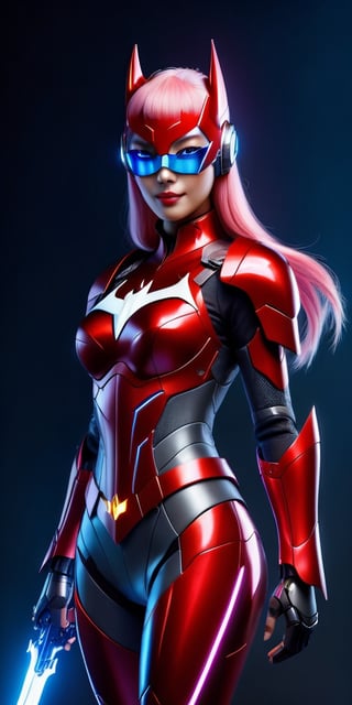 A futuristic cyberpunk scene: a stunning Korean beauty, dressed in a radiant red Batgirl-inspired mecha suit with a sleek design and sparkling details, stands confidently with her sword held high. Her pure white-pink hair flows like flames as she gazes directly at the viewer with an alluring smile. Her blue eyes sparkle under the perfect lighting, highlighting her cute and elegant features. She wears futuristic AI VR glasses, adding to her cyberpunk allure. The overall image is a breathtaking 8K masterpiece, showcasing her beauty and strength in high resolution.