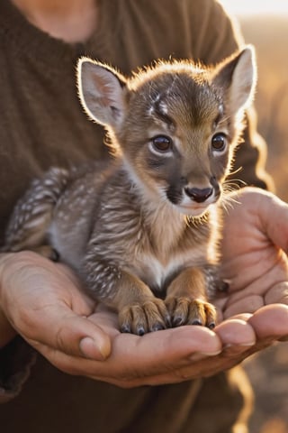 A tiny cub, mythical hybrid with a (((deer's head))) and a jaguar's majestic physique (((lies curled in the palm of my hand))), its fur shimmering in warm morning light. Soft rays cast a golden glow on the creature's curious face as it stretches out a paw, exploring this mystical realm. 