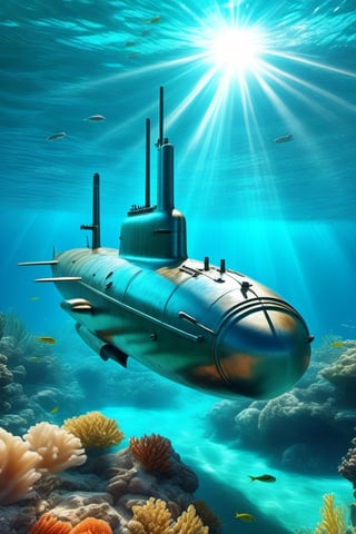 hyperrealism, real photo Akula class, Soviet submarine , waves storm transparent turquoise water Ocean, turquoise, transparent water seagulls island glare of the sun through clear water colored fish corals cyberpunk, fast shutter speed, realistic detailing, low viewing angle, 3d, Quad HD, clear detailing, photorealism"