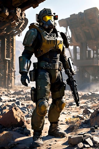 Create an image featuring a Vault 137 soldier donning an advanced thermal military suit tailored for survival in the harsh post-apocalyptic world of Fallout 5. The design of the suit should reflect the iconic aesthetic of the Fallout series, with a mix of retro-futuristic elements and rugged functionality.

The soldier, standing amidst the ruins of a dilapidated wasteland, wears the Vault 137 thermal suit adorned with hexagonal panels, reminiscent of Vault-Tec's signature design. The colors should evoke the worn and weathered look characteristic of Fallout's visual style, with tones of olive green, rusty red, and dull yellow.

The hexagonal panels of the suit should have a metallic finish, showing signs of wear and tear from years of use in the unforgiving wasteland. Embedded within the suit are advanced technological components, such as integrated sensors and a capillarity system for water recycling, giving it a distinct futuristic edge.

The soldier's stance should exude confidence and readiness for action, with weapons and gear typical of the Fallout universe at their side. Behind the soldier, the remnants of a Vault 137 entrance or a desolate wasteland landscape should set the scene, reinforcing the post-apocalyptic atmosphere.

Overall, the image should capture the essence of survival and resilience in the Fallout universe, portraying the Vault 137 thermal suit as a crucial tool for navigating the dangers of the wasteland in Fallout 5.