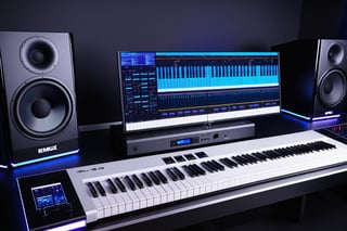 photo r3al, photorealistic, masterpiece, hyperdetailed photography of a 88 keys E-MU EMAX 2023 concept synthesizer, 3 monitors screens to display the plugins and visualize the music, ultrarealistic piano keyboard, recording studio atmosphere,best quality, 8k UHD, 8k, ultra quality, ultra detailed, LED lights,photo r3al