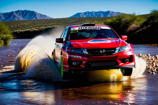Photo r3al, photo-realistic, masterpiece, hyper-detailed photography of a 2010 Honda Accord sedan concept to race at the WRC championship, high suspension shocks, crossing a River at high speed, sierras of Cordoba in Argentina, isometric view, Fuji-film XT3s cameras, Use soft lighting and an 8k UHD resolution shot with a DSLR, frank grillo, Movie Still