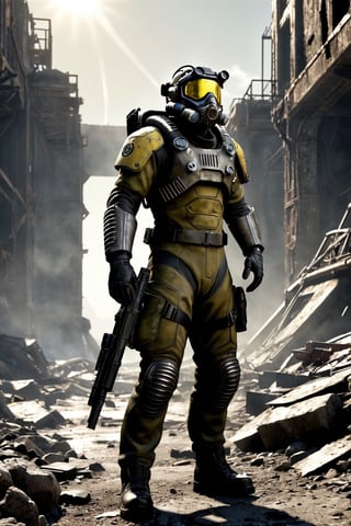 Create an image featuring a Vault 137 soldier donning an advanced thermal military suit tailored for survival in the harsh post-apocalyptic world of Fallout 5. The design of the suit should reflect the iconic aesthetic of the Fallout series, with a mix of retro-futuristic elements and rugged functionality.

The soldier, standing amidst the ruins of a dilapidated wasteland, wears the Vault 137 thermal suit adorned with hexagonal panels, reminiscent of Vault-Tec's signature design. The colors should evoke the worn and weathered look characteristic of Fallout's visual style, with tones of olive green, rusty red, and dull yellow.

The hexagonal panels of the suit should have a metallic finish, showing signs of wear and tear from years of use in the unforgiving wasteland. Embedded within the suit are advanced technological components, such as integrated sensors and a capillarity system for water recycling, giving it a distinct futuristic edge.

The soldier's stance should exude confidence and readiness for action, with weapons and gear typical of the Fallout universe at their side. Behind the soldier, the remnants of a Vault 137 entrance or a desolate wasteland landscape should set the scene, reinforcing the post-apocalyptic atmosphere.

Overall, the image should capture the essence of survival and resilience in the Fallout universe, portraying the Vault 137 thermal suit as a crucial tool for navigating the dangers of the wasteland in Fallout 5.