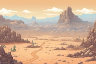 Rocky desert, insane details, intricate details, hyperdetailed, hdr, faded, pixel art, background, landscape, standing zone for walking near the camera