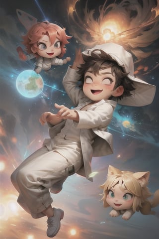Cartoon short fat chibi style single character einstein in a white lab coat confused about physics theory relativity molecules in transparant plain background