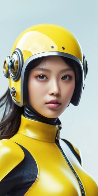 a girl, thunder yellow jacket, tight suit,Space helm of the 1960s,and the anime series ace, Fantastic Surrealism, Post-apocalyptic, Cute Illustration, Bio-Robotic Art, Fantasy Digital Painting, Fantasy Landscapes, Dragon with a futurastic underwater helm Fantasy, Art, Surrealism, Geomorphologie-Kunst, Fluid Art, Underwater Photography, Biomechanical Sculpture, Kemono, Beautiful Girl Turned to the Camera, White Background, 3D Vector Art, Greg Rutkowski,  Detailedface, Detailedeyes, 1 girl, detailed skin