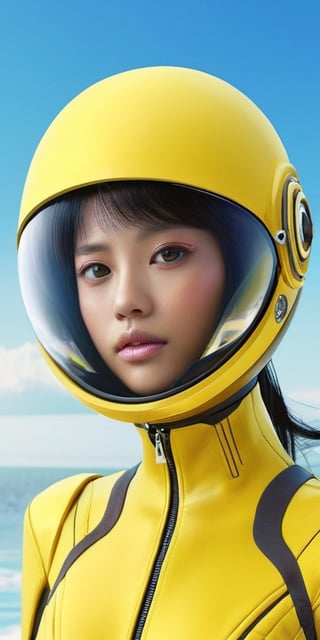 a girl, thunder yellow jacket, tight suit,Space helm of the 1960s,and the anime series ace, Fantastic Surrealism, Post-apocalyptic, Cute Illustration, Bio-Robotic Art, Fantasy Digital Painting, Fantasy Landscapes, Dragon with a futurastic underwater helm Fantasy, Art, Surrealism, Geomorphologie-Kunst, Fluid Art, Underwater Photography, Biomechanical Sculpture, Kemono, Beautiful Girl Turned to the Camera, White Background, 3D Vector Art, Greg Rutkowski,  Detailedface, Detailedeyes, 1 girl, detailed skin