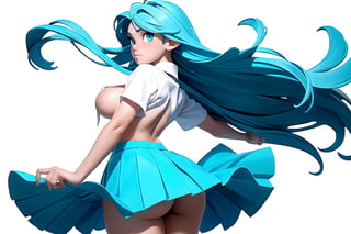 blue eyes, aqua hair with black streaks in the hair, wearing a school uniform with white sheer top unbuttoned and a tie hanging between breasts, girl with long beautiful hair, high_school_girl,(((beautiful detailed breasts, topless, exposed breasts, breasts popping out of shirt, nude breasts))), (wind blow up skirt, holding skirt up, no underwear, no panties)  | (white background:1.2), (simple background), | 3DMM

((view_from_behind, view_below))