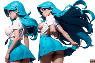 blue eyes, aqua hair with black streaks in the hair, wearing a school uniform with white sheer top unbuttoned and a tie hanging between breasts, girl with long beautiful hair, high_school_girl,(((beautiful detailed breasts, topless, exposed breasts, breasts popping out of shirt, nude breasts))), (wind blow up skirt, holding skirt up, no underwear, no panties)  | (white background:1.2), (simple background), | 3DMM

((view_from_behind, view_below))