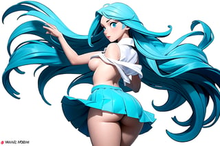 blue eyes, aqua hair with black streaks in the hair, wearing a school uniform with white sheer top unbuttoned and a tie hanging between breasts, girl with long beautiful hair, high_school_girl,(((beautiful detailed breasts, topless, exposed breasts, breasts popping out of shirt, nude breasts))), (wind blow up skirt, holding skirt up, no underwear, no panties)  | (white background:1.2), (simple background), | 3DMM

((view_from_behind, view_below))