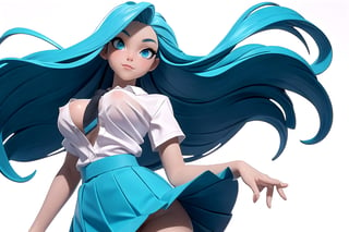 blue eyes, aqua hair with black streaks in the hair, wearing a school uniform with white sheer top unbuttoned and a tie hanging between breasts, girl with long beautiful hair, high_school_girl,(((beautiful detailed breasts, topless, exposed breasts, breasts popping out of shirt, nude breasts))), (wind blow up skirt, holding skirt up, no underwear, no panties)  | (white background:1.2), (simple background), | 3DMM

((view_from_below))