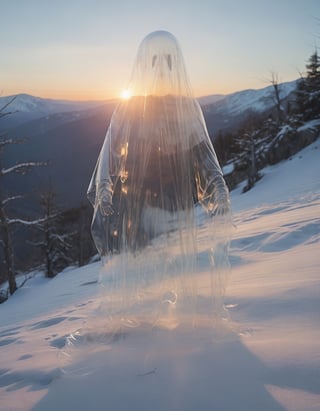 photo of a transparent ghost on a snowy mountain, sunrise