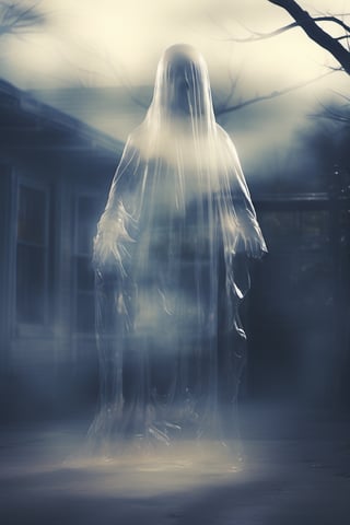 a photo of a transparent ghost, dark scary halloween background