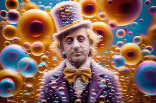 close-up of willy wonka made of soap bubbles, 1971, intricate, cinematic, psychedelic