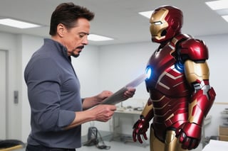 Tony Stark  working with Natasha Romanoff (Scarlet Johansson) testing an Iron Man armour