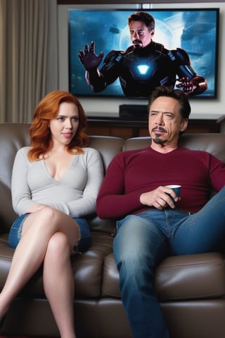 Tony Stark and Natasha Romanoff (Scarlet Johansson) watching tv at home, scarlett johansson, full body,scarlett johansson,photo r3al, 