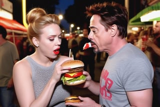 The sensual Scarlet Johansson and Robert Downey Jr eating hamburguers and drinking coke at night at a street stall