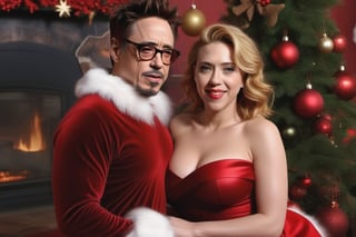 Robert Downey Jr. vestido de Santa Claus y la sensual Scarlet Johansson felices y enamorados en la sala con un arbol de navidad al fondo. hiperrealista, tetona, nalgona, piernuda, caliente,photo r3al,scarlett johansson