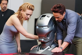 Scarlet Johansson and Robert Downey Jr building an scale iron man model, scarlett johansson,photo r3al